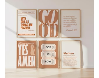 May include: A set of six framed wall art prints featuring religious typography in shades of terracotta and white. The designs include text such as With God All Things Are Possible, God Is Good, Jeremiah 29:11, Yes & Amen, God Is Love, and Shalom.