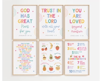 Set of 6 Colorful Children Bible Verse Wall Art for Kids Ministry Decor Bundle Christian Playroom Decor Sunday School Classroom Decor Bundle