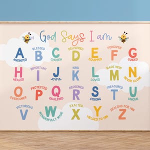 Dieu dit que je suis une affirmation pour les enfants Alphabet chrétien Affirmation Bible ABC Affiche Identité en Christ Art mural pour enfants Décoration du ministère Imprimer
