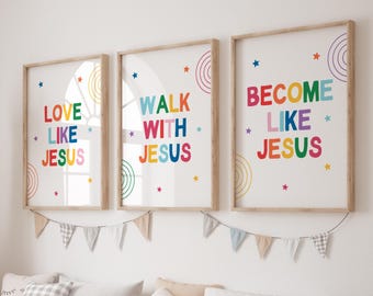Set of 3 Colorful Christian Wall Art for kids Ministry decor Church Preschool Wall Art Sunday School Classroom Decor Church Nursery Poster