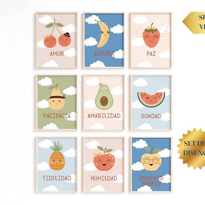 Spanish Set of 9 Fruits of The Spirit Wall Art Prints for kids Versículos de la Biblia en Español Para Niños Frutos del Espíritu Santo decor