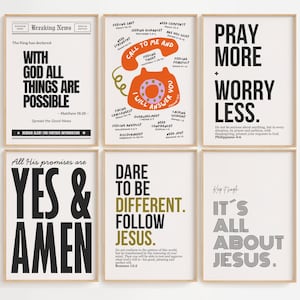 Puede incluir: Seis impresiones artísticas enmarcadas con citas inspiradoras. Las impresiones presentan texto en negrita en negro y dorado sobre un fondo blanco. Las citas incluyen "Con Dios todo es posible", "Ora más, preocúpate menos" y "Atrévete a ser diferente."