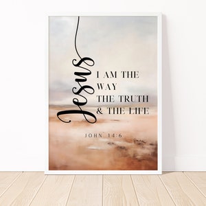 Puede incluir: Una pintura de acuarela con una paleta de colores suaves y apagados de beige, marrón y gris. La pintura presenta una cita de la Biblia, Juan 14:6, "Jesús, yo soy el camino, la verdad y la vida."