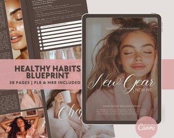 May include: A pink and white digital planner with the text "Healthy Habits Blueprint" and "New Year New Me" on the cover. The planner is a 30-day wellness reset and includes 58 pages.