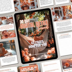 May include: A digital detox journal with a 30-day plan to help you create a healthier relationship with technology. The cover features a hammock with a book in it, surrounded by pink flowers. The journal has 43 pages and is titled "30 Day Digital Detox Journal".
