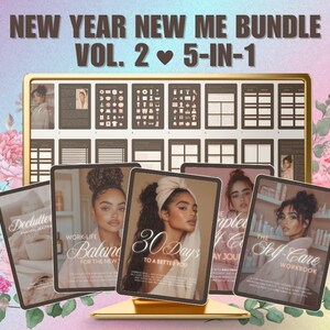 May include: A set of five printable workbooks for self-improvement. The workbooks are titled "Declutter & Minimal Living", "Work-Life Balance for the New Year", "30 Days to a Better You", "Complete Self-Care Journal", and "The Self-Care Workbook".