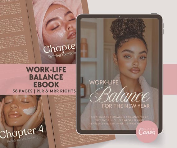 Work Life Balance Ebook, Fully Editable Canva Template, PLR MRR Resell Rights, Pink Self Care Cozy Aesthetic