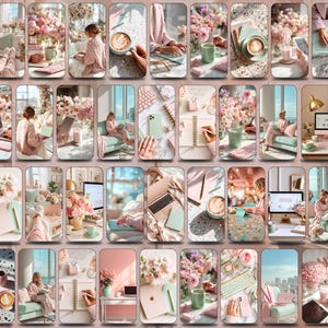 Peut inclure: Une collection d'images de style de vie avec une palette de couleurs douces de rose, vert menthe et beige. Les images pr&eacute;sentent des ordinateurs portables, des tasses &agrave; caf&eacute;, des carnets et des compositions florales, cr&eacute;ant un espace de travail ou de vie confortable et esth&eacute;tique.
