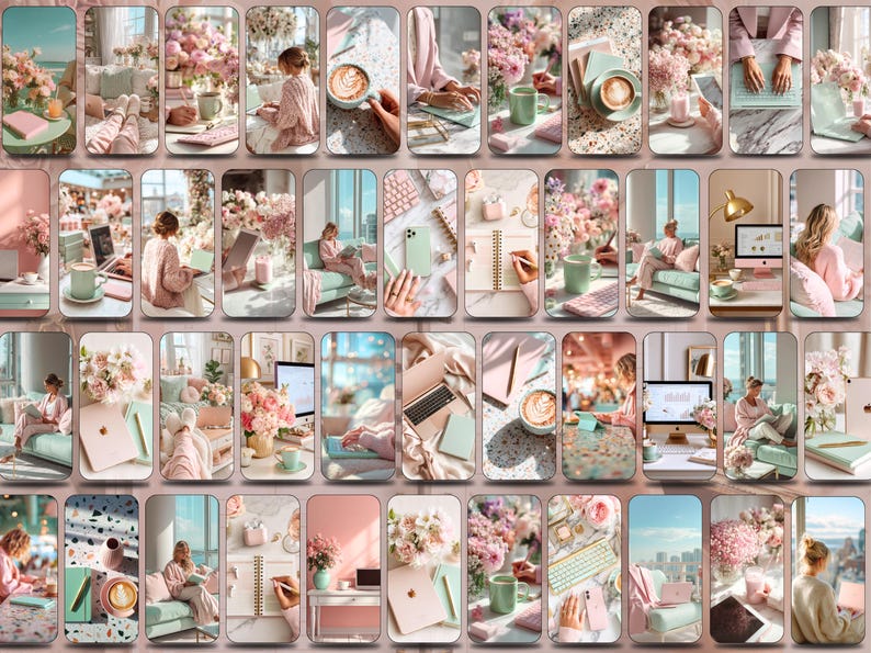 Peut inclure: Une collection d'images de style de vie avec une palette de couleurs douces de rose, vert menthe et beige. Les images pr&eacute;sentent des ordinateurs portables, des tasses &agrave; caf&eacute;, des carnets et des compositions florales, cr&eacute;ant un espace de travail ou de vie confortable et esth&eacute;tique.