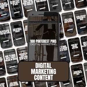 Puede incluir: Un collage de 100 pines de Pinterest para contenido de marketing digital. Los pines se muestran en la pantalla de un teléfono inteligente y presentan varios temas relacionados con el marketing digital, como ganar dinero en línea, marketing de afiliados e ingresos pasivos. El texto "100 pines de Pinterest Marketing digital" se muestra en blanco sobre un fondo negro.