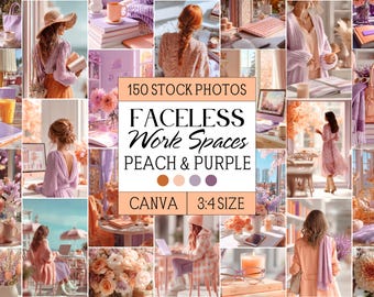 Lot de photos commerciales d'espaces de travail sans visage, images modifiables Canva, pêche, violet, lavande, floral, féminin, pastel, tendance 2026, contenu