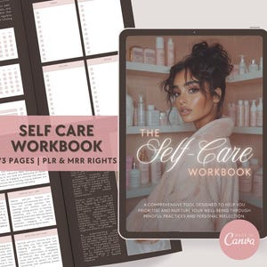 Puede incluir: Una descarga digital rosa y blanca para un cuaderno de trabajo de autocuidado con 73 páginas. La portada presenta a una mujer con cabello oscuro sobre un fondo rosa. El texto en la portada dice "The Self-Care Workbook" y "Una herramienta integral diseñada para ayudarte a priorizar y nutrir tu bienestar a través de prácticas conscientes y la reflexión personal."