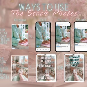 Peut inclure: Image pr&eacute;sentant l'utilisation de photos de stock pour les r&eacute;seaux sociaux, les blogs et les produits num&eacute;riques. L'image montre des exemples de la fa&ccedil;on dont les photos peuvent &ecirc;tre utilis&eacute;es dans diff&eacute;rents formats, y compris original, grand, portrait et carr&eacute;. Le texte sur l'image indique "WAYS TO USE The Stock Photos."
