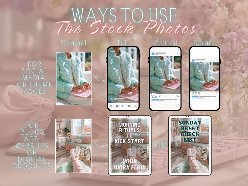 Peut inclure: Image pr&eacute;sentant l'utilisation de photos de stock pour les r&eacute;seaux sociaux, les blogs et les produits num&eacute;riques. L'image montre des exemples de la fa&ccedil;on dont les photos peuvent &ecirc;tre utilis&eacute;es dans diff&eacute;rents formats, y compris original, grand, portrait et carr&eacute;. Le texte sur l'image indique "WAYS TO USE The Stock Photos."