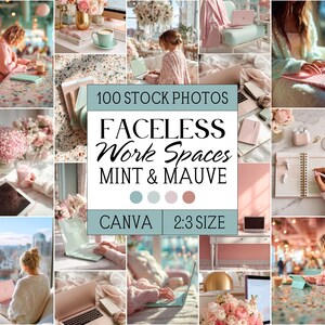 Peut inclure: Un collage d'images dans une palette de couleurs menthe et mauve, repr&eacute;sentant des espaces de travail sans visage. Le texte superpos&eacute; indique "100 Stock Photos" et "Faceless Work Spaces MINT & MAUVE CANVA 2:3 SIZE". Les images incluent des ordinateurs portables, des fleurs et des carnets.