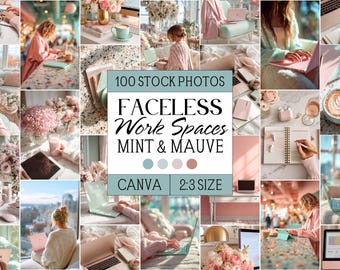 Lot de photos commerciales pour espace de travail sans visage, utilisation commerciale sur toile, rose et vert pastel floral féminin style de vie, tendance du design 2026