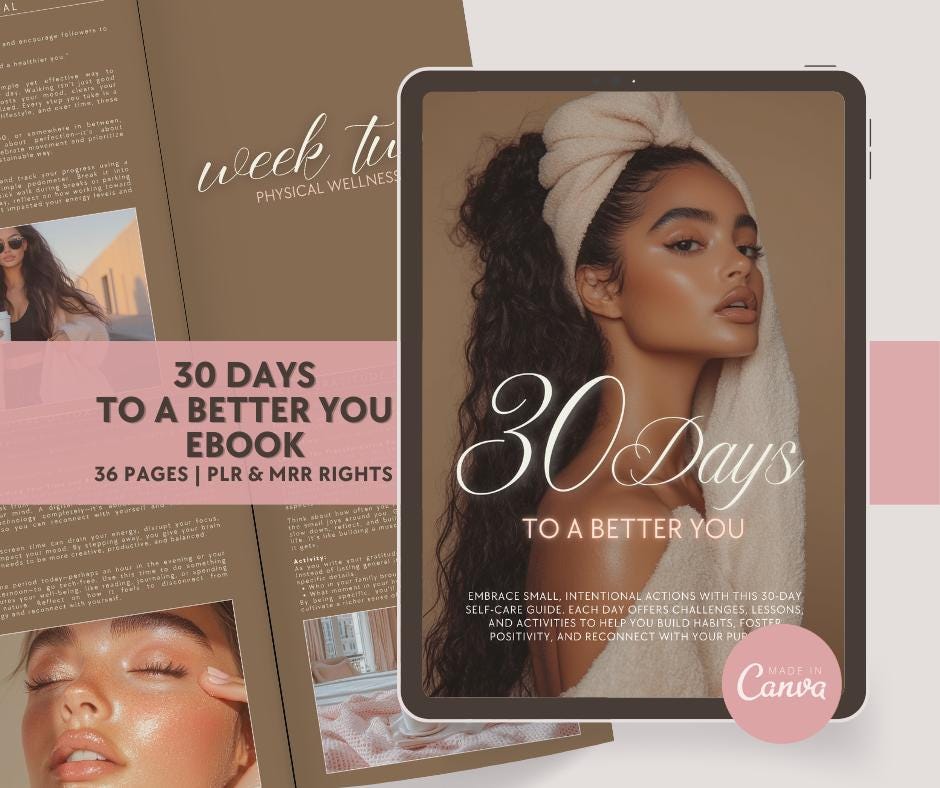 Self-Care Ebook: 30-Day Wellness Guide, Canva Template (PLR & MRR)