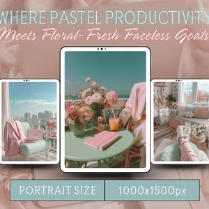 Peut inclure: Image esth&eacute;tique avec trois tablettes num&eacute;riques affichant des sc&egrave;nes aux couleurs pastel. Les tablettes pr&eacute;sentent un balcon fleuri, un espace de travail avec un ordinateur portable et un salon confortable. Le texte en haut indique "WHERE PASTEL PRODUCTIVITY Meets Floral-Fresh Faceless Goals."