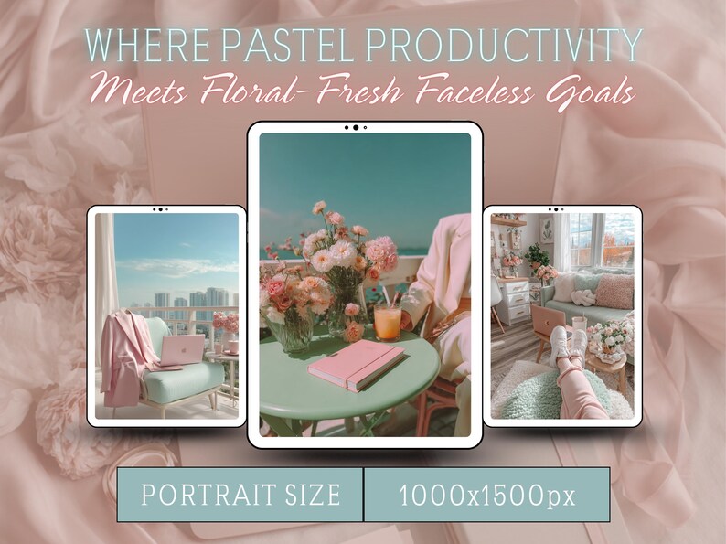 Peut inclure: Image esth&eacute;tique avec trois tablettes num&eacute;riques affichant des sc&egrave;nes aux couleurs pastel. Les tablettes pr&eacute;sentent un balcon fleuri, un espace de travail avec un ordinateur portable et un salon confortable. Le texte en haut indique "WHERE PASTEL PRODUCTIVITY Meets Floral-Fresh Faceless Goals."