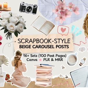 Paquete de Instagram Carrusel Plantillas de Canva Kit de herramientas Temas de álbum de recortes Estilo de vida Pegatinas digitales Plantilla de Instagram MRR PLR Listo para ti Chica