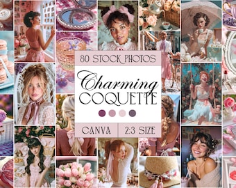 Paquete de fotos de stock de Coquette, imágenes de stock rosas de Canva: encaje, cuadros vichy, cintas, flores, totalmente editables, diseños de IA Midjourney, femeninos y modernos.