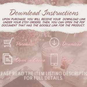 Peut inclure: Image rose et blanche avec le texte "Instructions de t&eacute;l&eacute;chargement". Des ic&ocirc;nes pour l'achat, le t&eacute;l&eacute;chargement et l'ouverture dans Canva sont incluses. Le texte explique comment acc&eacute;der aux t&eacute;l&eacute;chargements num&eacute;riques.