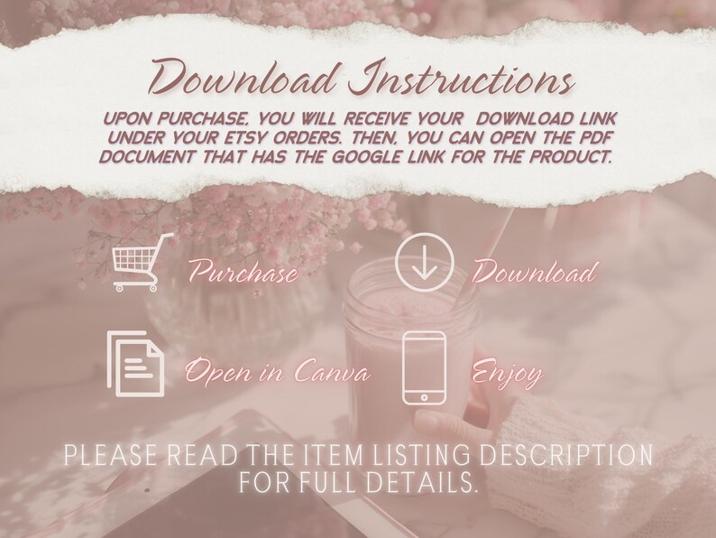Peut inclure: Image rose et blanche avec le texte "Instructions de t&eacute;l&eacute;chargement". Des ic&ocirc;nes pour l'achat, le t&eacute;l&eacute;chargement et l'ouverture dans Canva sont incluses. Le texte explique comment acc&eacute;der aux t&eacute;l&eacute;chargements num&eacute;riques.