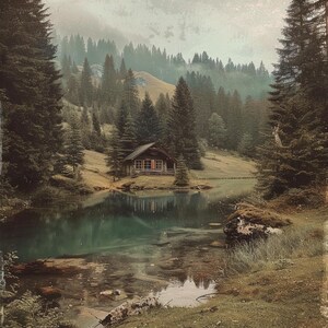 24 Rustic Cabin in Misty Forest Landscape Painting, Digital Download, DIY Home Decor Wall Art Print, Watercolor Forest Clipart, Card Making