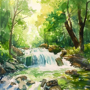 24 Watercolor Forest Waterfall Clipart, Digital Download, DIY Home Decor Wall Art Print, PNG Watercolor Forest Clipart, Card Making