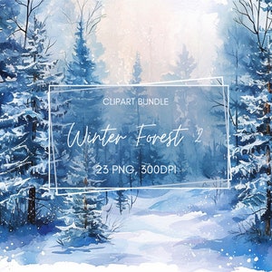 23 Clipart aquarelle forêt hiver, arbres enneigés en téléchargement numérique, impression d'Art mural bricolage décoration, Clipart forêt aquarelle PNG, fabrication de cartes