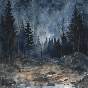 23 sterrenhemel, aquarel nacht bos clipart, digitale download, DIY Home decor kunst aan de muur, PNG aquarel bos clipart, kaarten maken