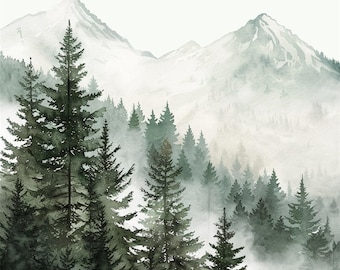 41 Mountain Forest Watercolor Clipart, Misty Landscape Digital Download, Wall Art Print, PNG Watercolor Forest Clipart, Card Making