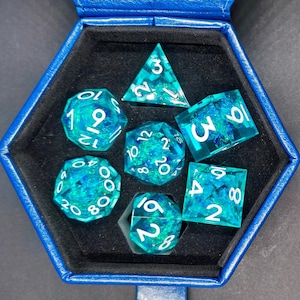 Blue Mirage Dice Set – Shimmering Blue Resin Dice with Gift & Choice of Box, Pathfinder, TTRPG Dice, Dice for Dungeons and Dragons
