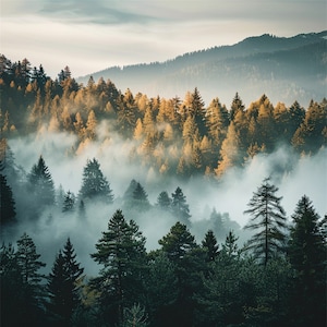 46 Nebliger Wald Landschaft Clipart, Bergkiefern Digitale Kunst, hochauflösende Naturszenenillustration, digitaler Download