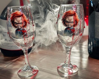 Bicchiere da vino spaventoso di Chucky, decorazione per feste di Halloween, regalo per fan di film horror, bicchiere da vino inquietante, apparecchiatura per la tavola di Halloween, bar inquietante, unico