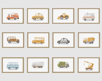 Láminas de acuarela de vehículos: decoración infantil de transporte, juego de 12 (descarga digital)