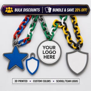 May include: Three 3D printed plastic chains with attached pendants. One chain is red, blue, and grey with a blue star pendant. Another is green and white with a circular pendant reading YOUR LOGO HERE. The third is yellow, black, and green.