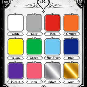 May include: A color chart featuring twelve square swatches arranged in three rows of four. Each swatch is labeled with its corresponding color name: White, Grey, Red, Orange, Yellow, Green, Sky Blue, Blue, Purple, Pink, Silver, and Gold.