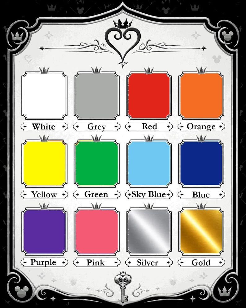 May include: A color chart featuring twelve square swatches arranged in three rows of four. Each swatch is labeled with its corresponding color name: White, Grey, Red, Orange, Yellow, Green, Sky Blue, Blue, Purple, Pink, Silver, and Gold.