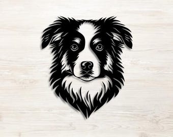 May include: Black and white stylized portrait of a Border Collie dog. The dog's head is centered, with detailed fur and facial features. The background is a light wood grain pattern.