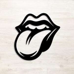May include: Black and white graphic of a mouth with a protruding tongue. The design features thick, bold lines and a minimalist style. The image is a popular symbol often associated with rock and roll.