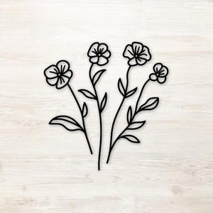 May include: Black line art of four stylized flowers with detailed petals and leaves. The flowers are on slender stems, creating a delicate floral design. The artwork is set against a light wood grain background, enhancing the contrast and visual appeal.