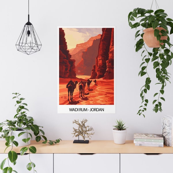 Beautiful Wadi Rum Art Poster, Unique moonlike red Landscape of the Rum Valley in southern Jordan