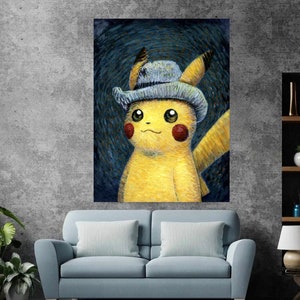 Pikachu Van Gogh listo para colgar lienzo, cartel de obras de arte famosas de Van Gogh Pikachu, cartel estético, cartel de Van Gogh Pikachu, impresión de Van Gogh Pikachu