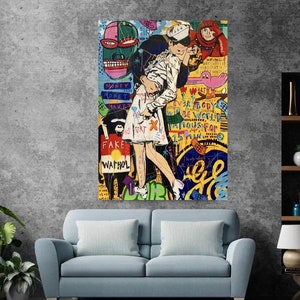 Banksy Kiss Canvas Print: Colorful Graffiti Wall Art