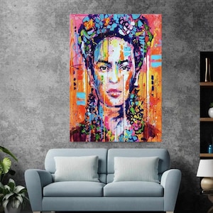 Colorful frida, Vivid color splashes, Orange background, Frida portrait, Frida Khalo Canvas Painting,Frida Khalo Wall Art,Frida Khalo Poster
