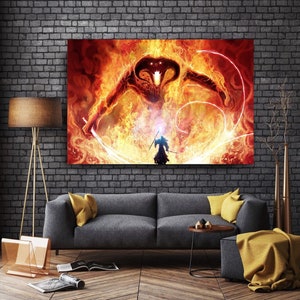 Você não vai passar | Gandalf e a luta do Balrog | Impressão em tela | Tamanho Grande | Arte de parede em tela | Arte Cinematográfica | Tela de fantasia