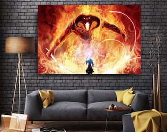 You won&#39;t pass | Gandalf and the Balrog fight | Printing on Canvas | Large Size | Canvas Wall Art | Film Art | Fantasy Canvas