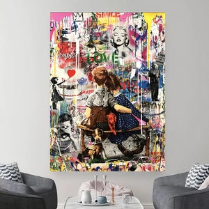 Pintura en lienzo colorida de Banksy con graffitis de niño y niña, pósteres, impresiones y cuadros de pared para la sala de estar. Si Banksy Kids está en la ciudad