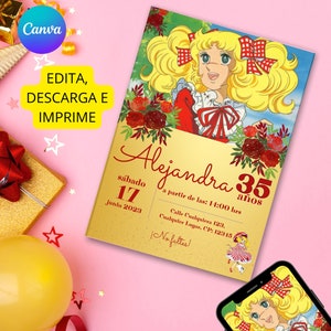 Modelo de convite de aniversário editável Candy Candy | Design retrô dos anos 70 | Para fãs femininas da série | Produto Digital Canva